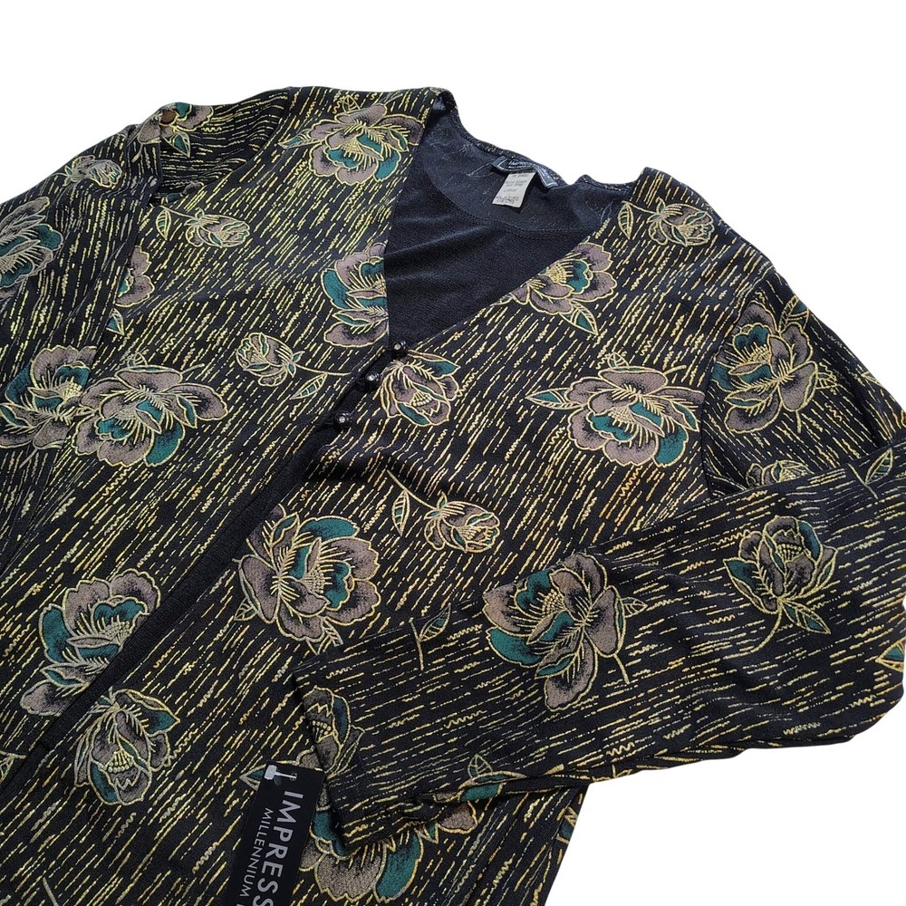 Impressions Millennium Edition Black Floral Gold Metallic Print Cardigan L NWT